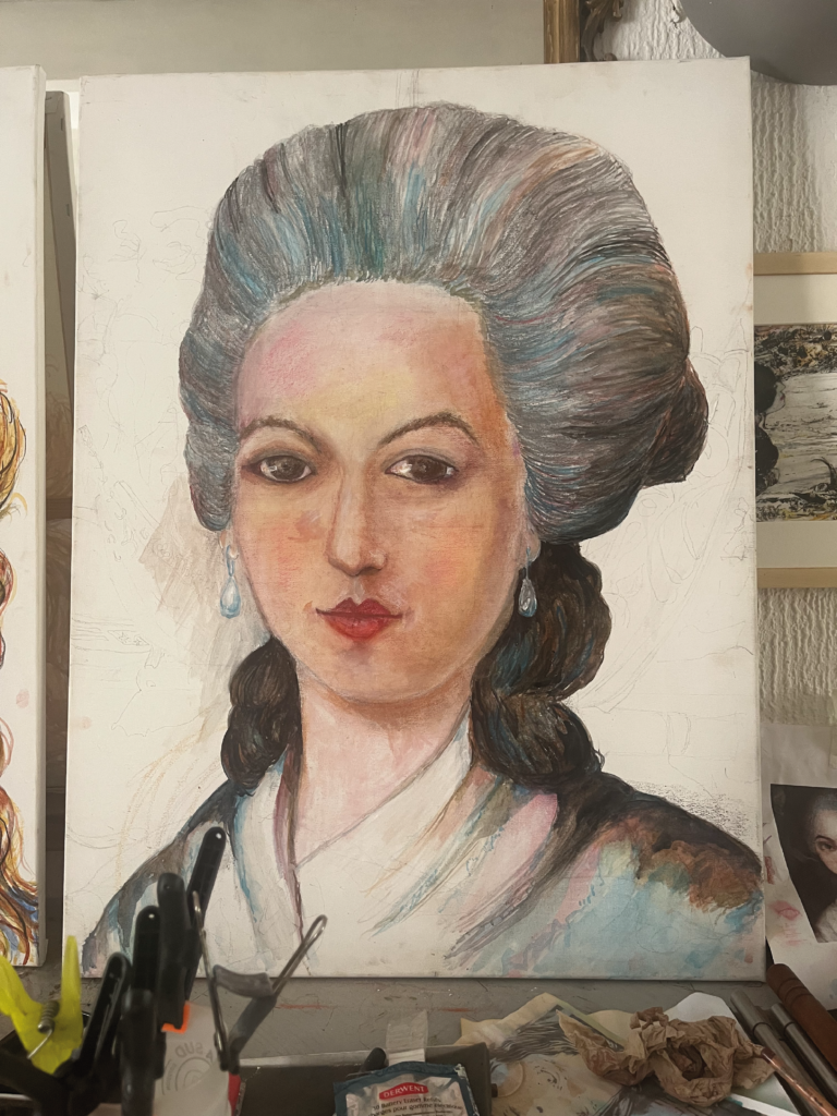 Décor de théâtre - Portrait d'Olympe de Gouge -Pastel - 2025 - Théâtre de l'Entrepôt - 60x80 - Magali LE DOZE.