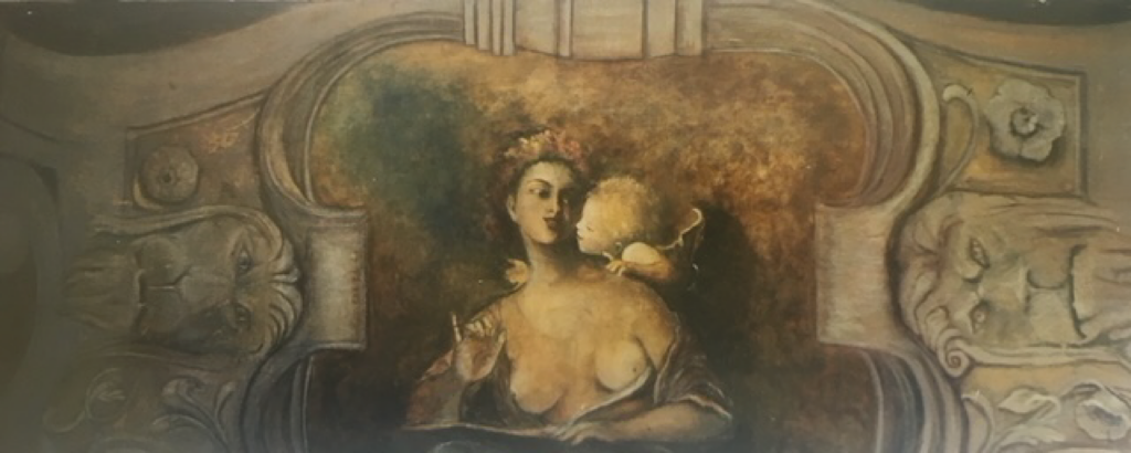 Panneau décoratif - 160x135 - huile sur colle de peau - Sapho inspirée par l'amour - d'après les oeuvres de Fragonard et Véronèse