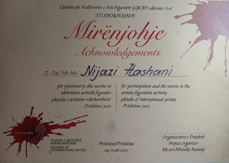 2012 – Pristina – Participation and the merits in the artistic-figurative activity pleiads of international artists