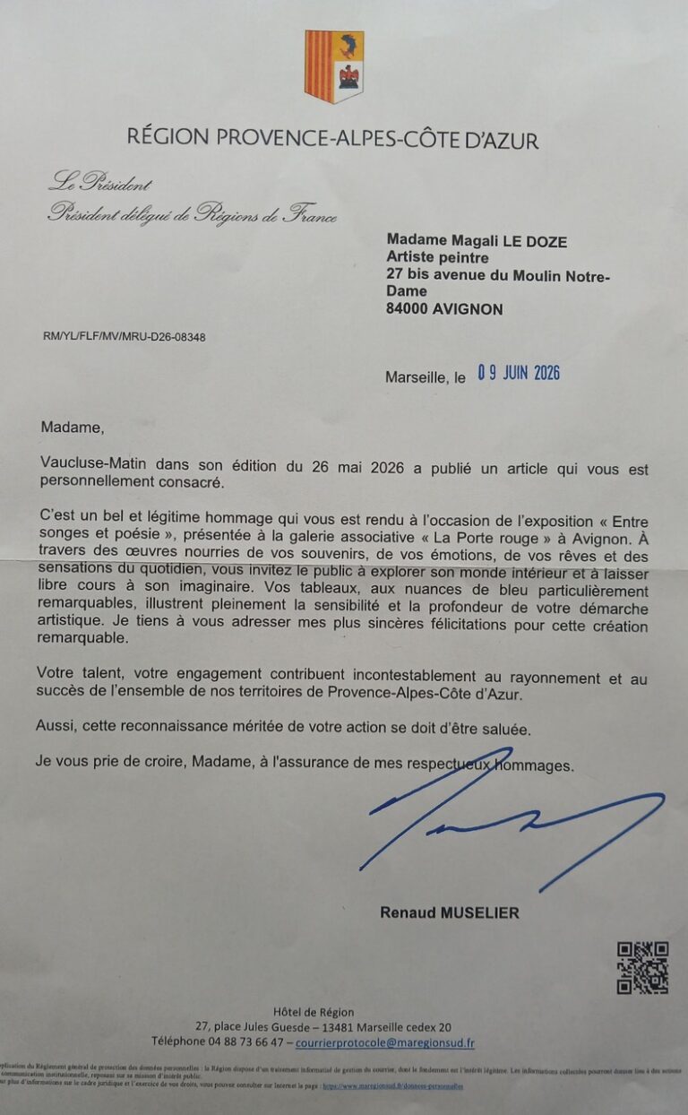 Magali Le Doze Félicitations du Président de la Région Rhône Alpes Côte d'azur