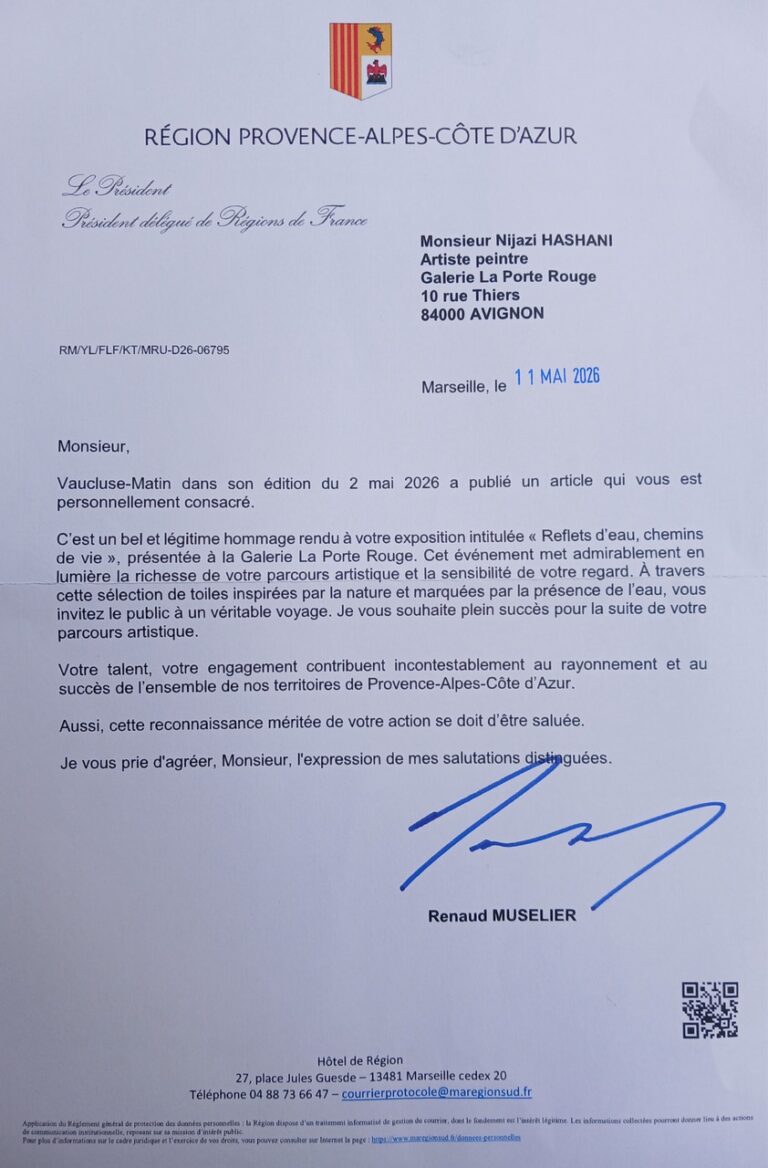 Nijazi Hashani Félicitations du Président Région Rhône Alpes Côte d'Azur